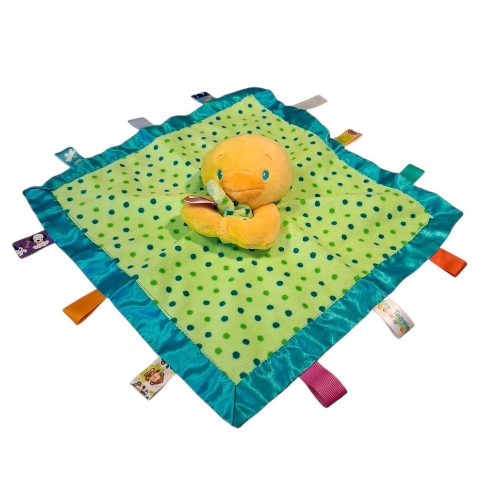 Taggies Lovey Security Blanket Yellow Duck Green Teal Polka Dots Satin Trim 14"